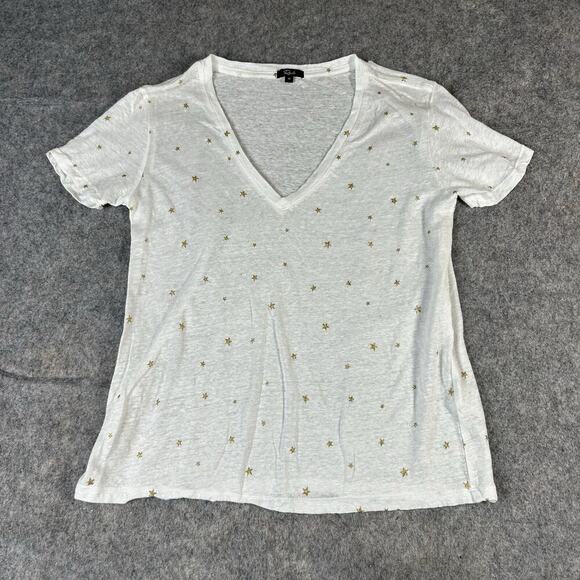 Rails Cara Tee Shirt Womens Medium White Gold Stars All Over Print V-Neck Linen - Picture 1 of 8